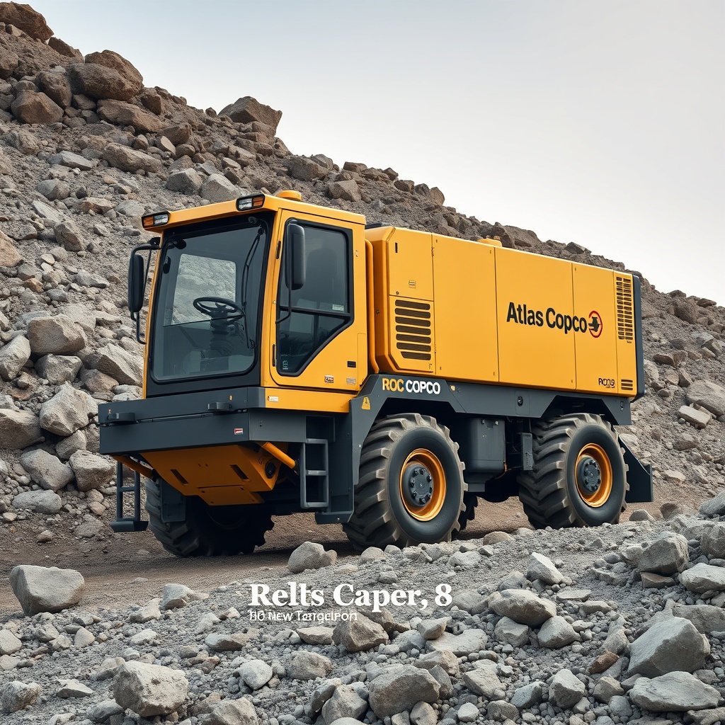 <clean photorealistic photo of Atlas Copco ROC L8 machine on a rocky terrain with operator