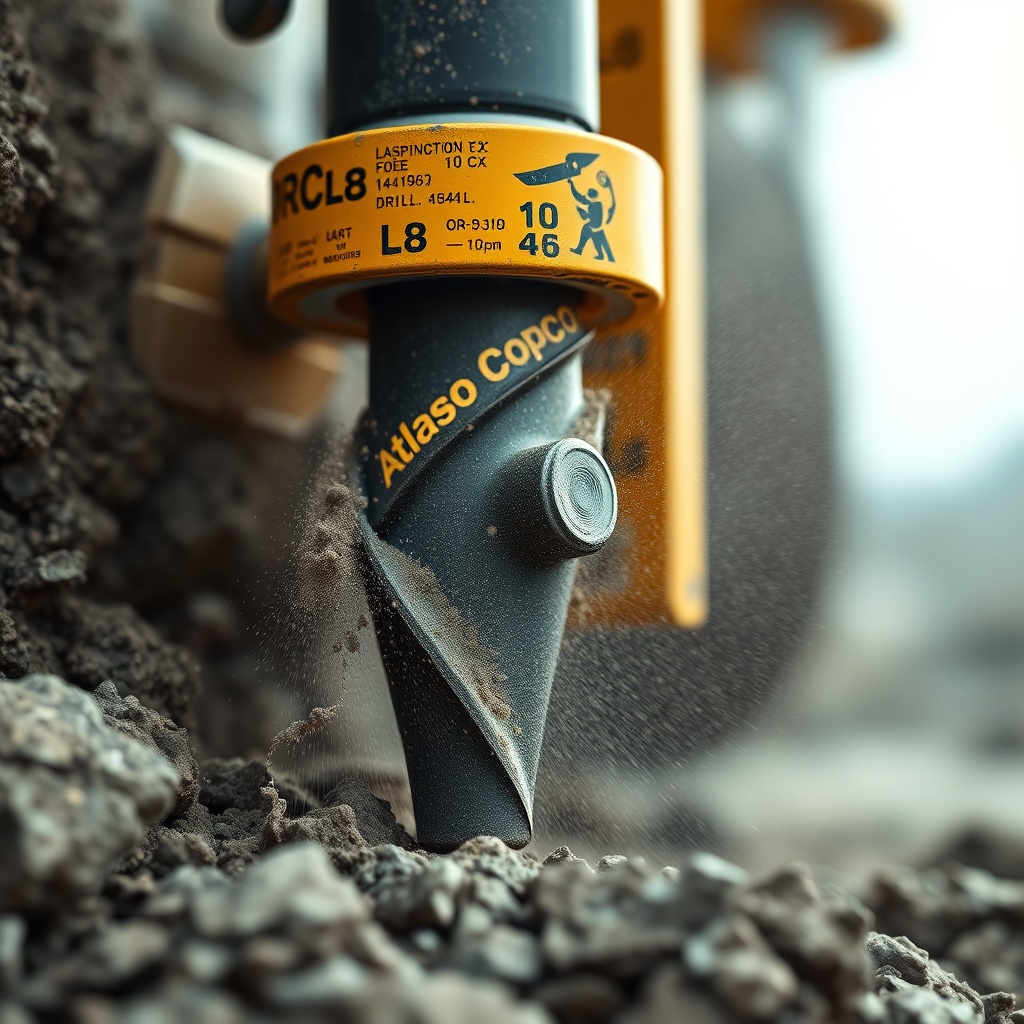 A photorealistic close-up of an Atlas Copco ROC L8 drill rig's drill string with a carbide