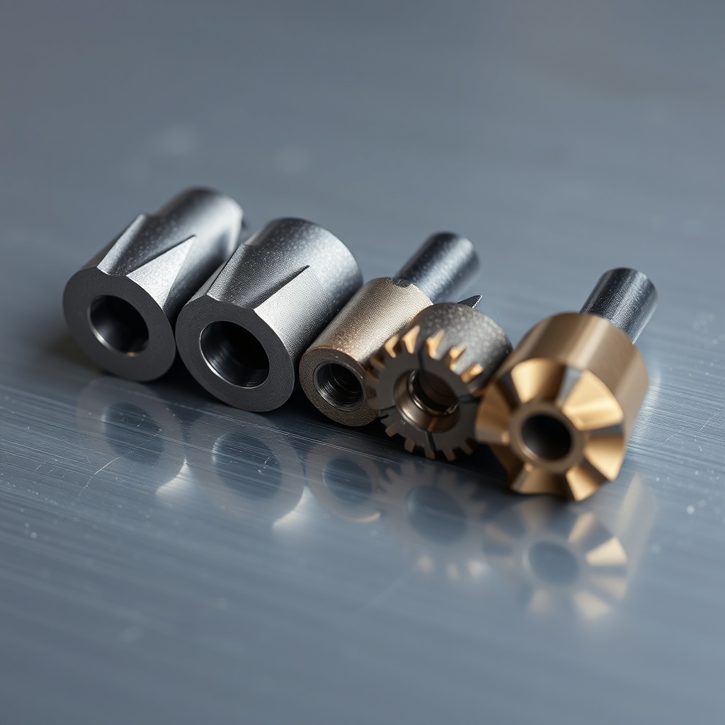 A photorealistic macro shot of four different carbide button bits for rock drilling