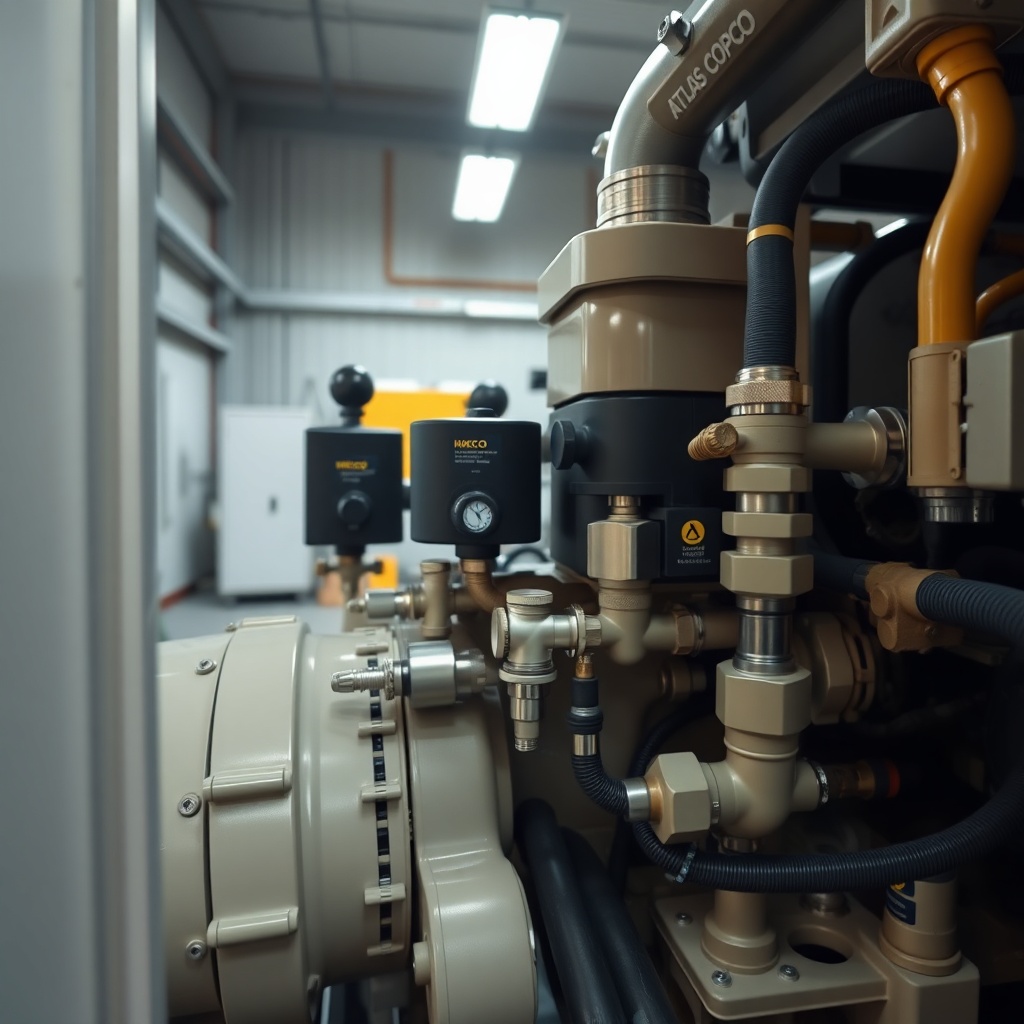 <clean photorealistic photo of the hydraulic pump and control valves area of an Atlas Copc