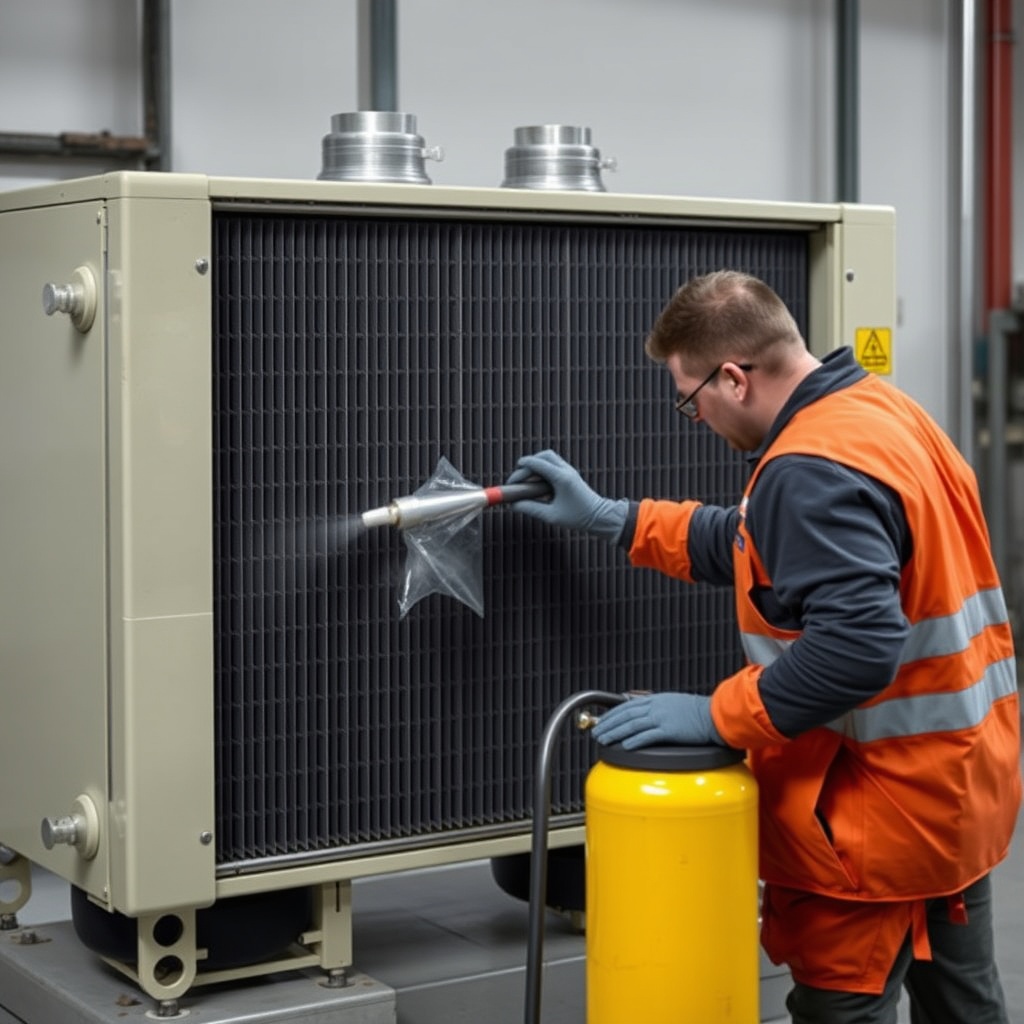 <clean photorealistic photo of an Atlas Copco ROC L8 hydraulic oil cooler radiator being c