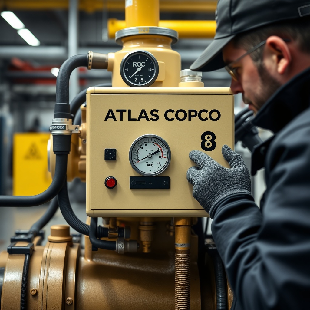 A close-up photorealistic photo of an Atlas Copco ROC L8 hydraulic pump unit