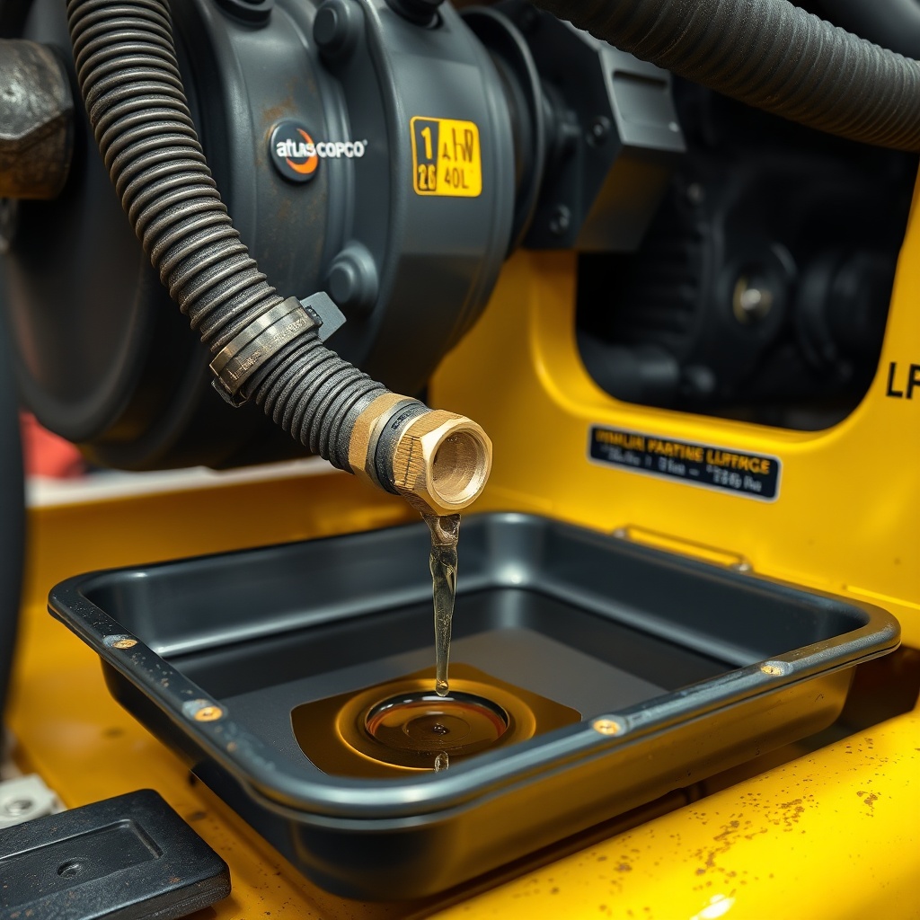 A photorealistic shot of a hydraulic hose connection on an Atlas Copco ROC L8