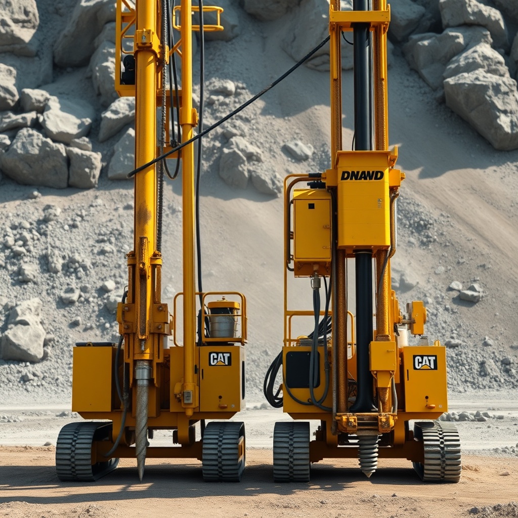 A detailed wide shot showing two yellow drilling machines side by side at a quarry