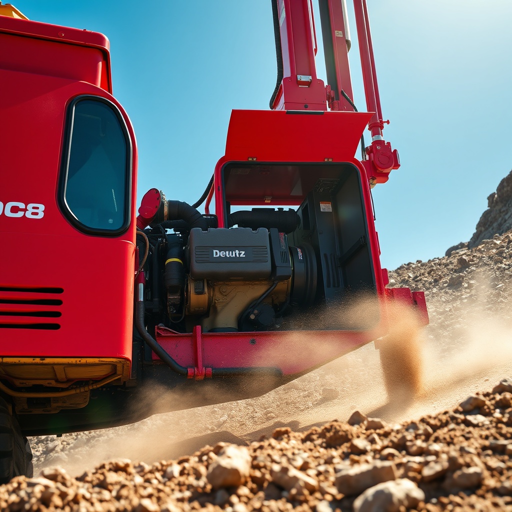 A photorealistic close-up of a red Atlas Copco ROC L8 drilling rig working on a rocky hill