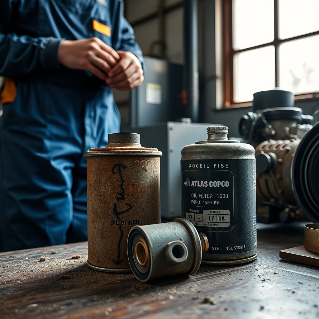 A photorealistic medium shot of a dusty diesel engine oil filter and fuel filter set on a