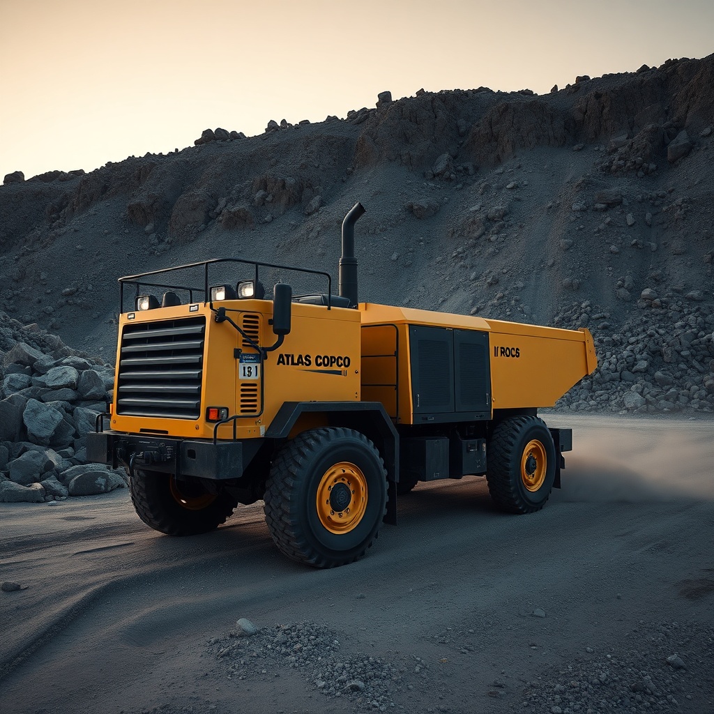 A photorealistic wide-angle photo of an Atlas Copco ROC L8 on a rocky quarry site during s