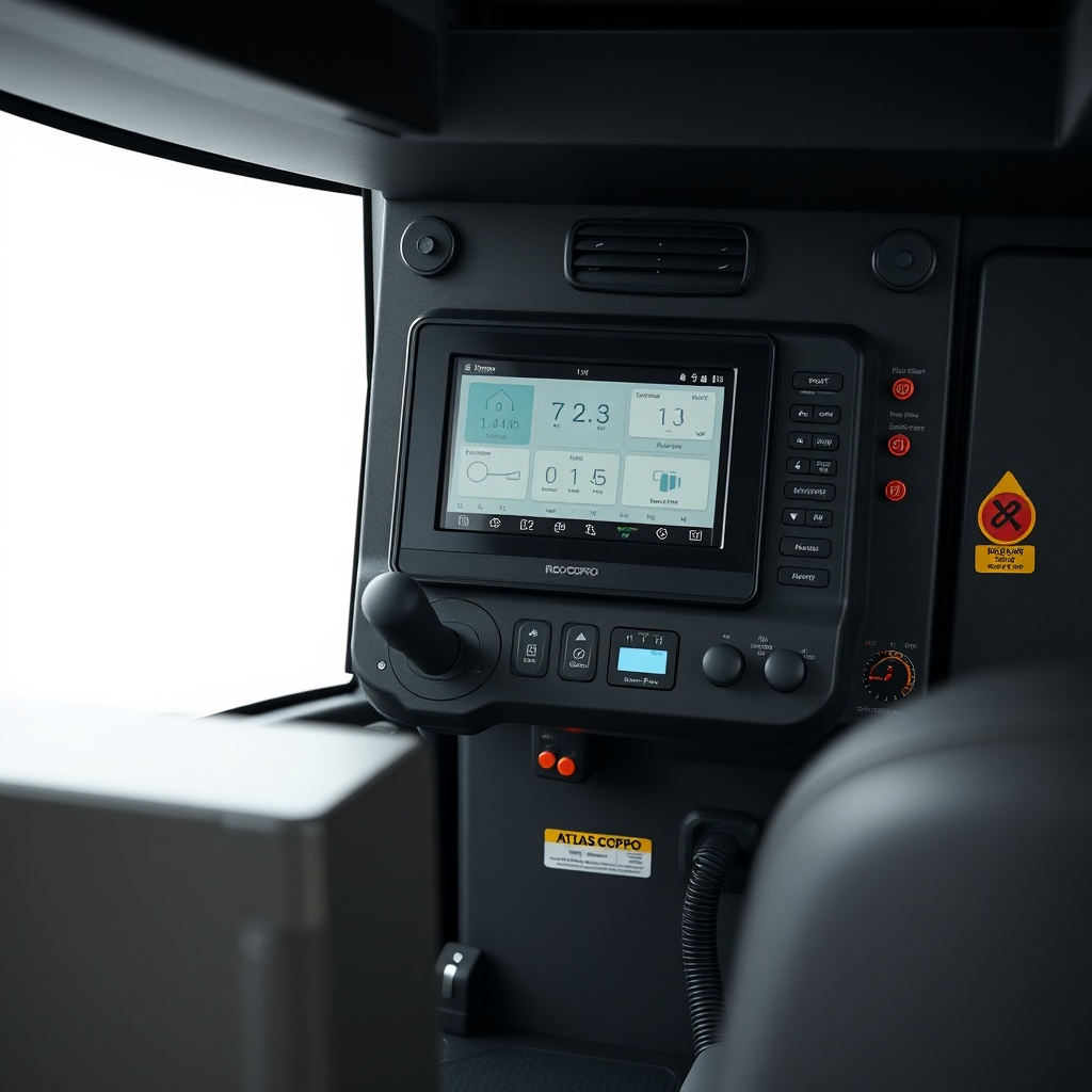 A photorealistic close-up photo of the operator cabin control panel of Atlas Copco ROC L8