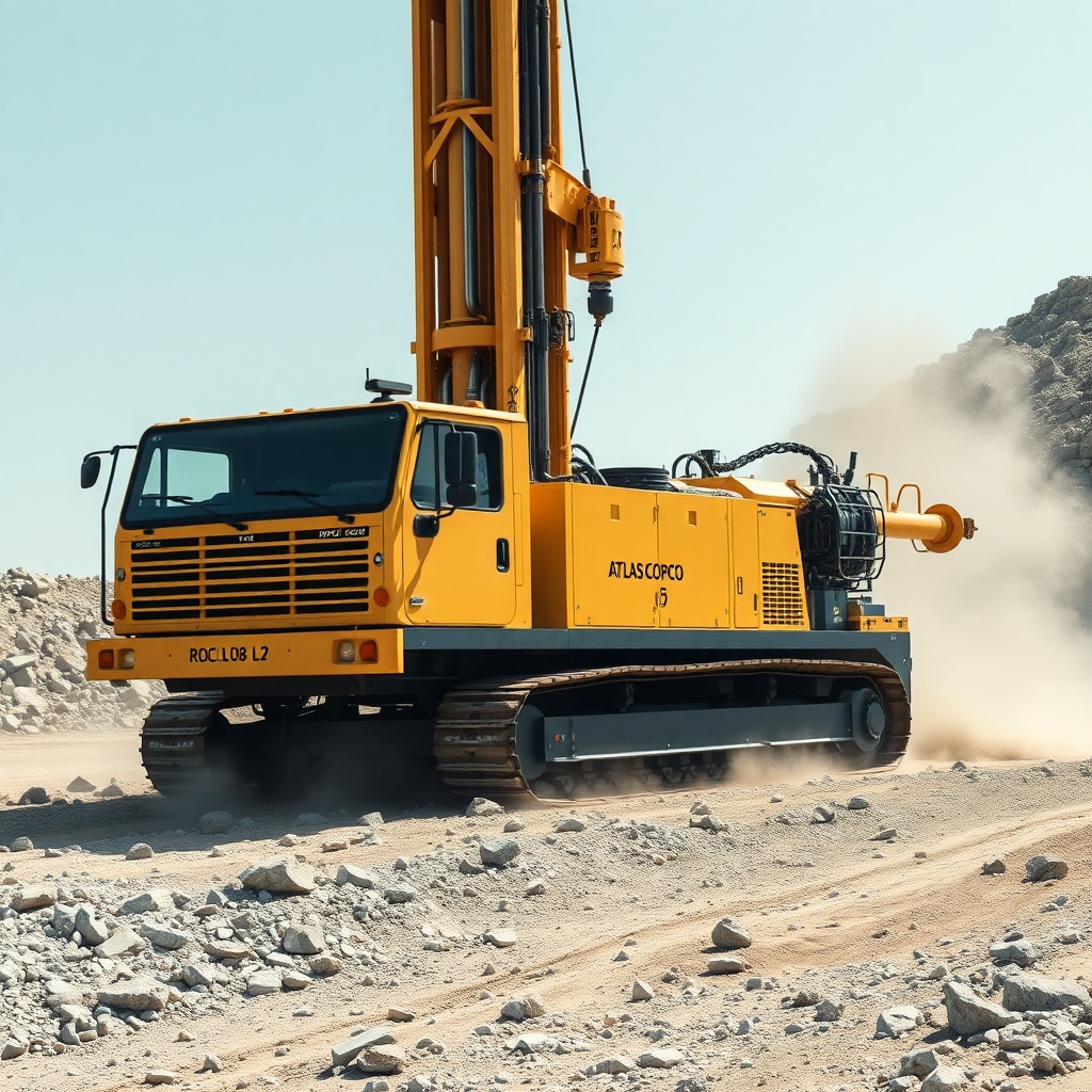 A clean photorealistic photo of an Atlas Copco ROC L8 drilling rig operating on a rocky te