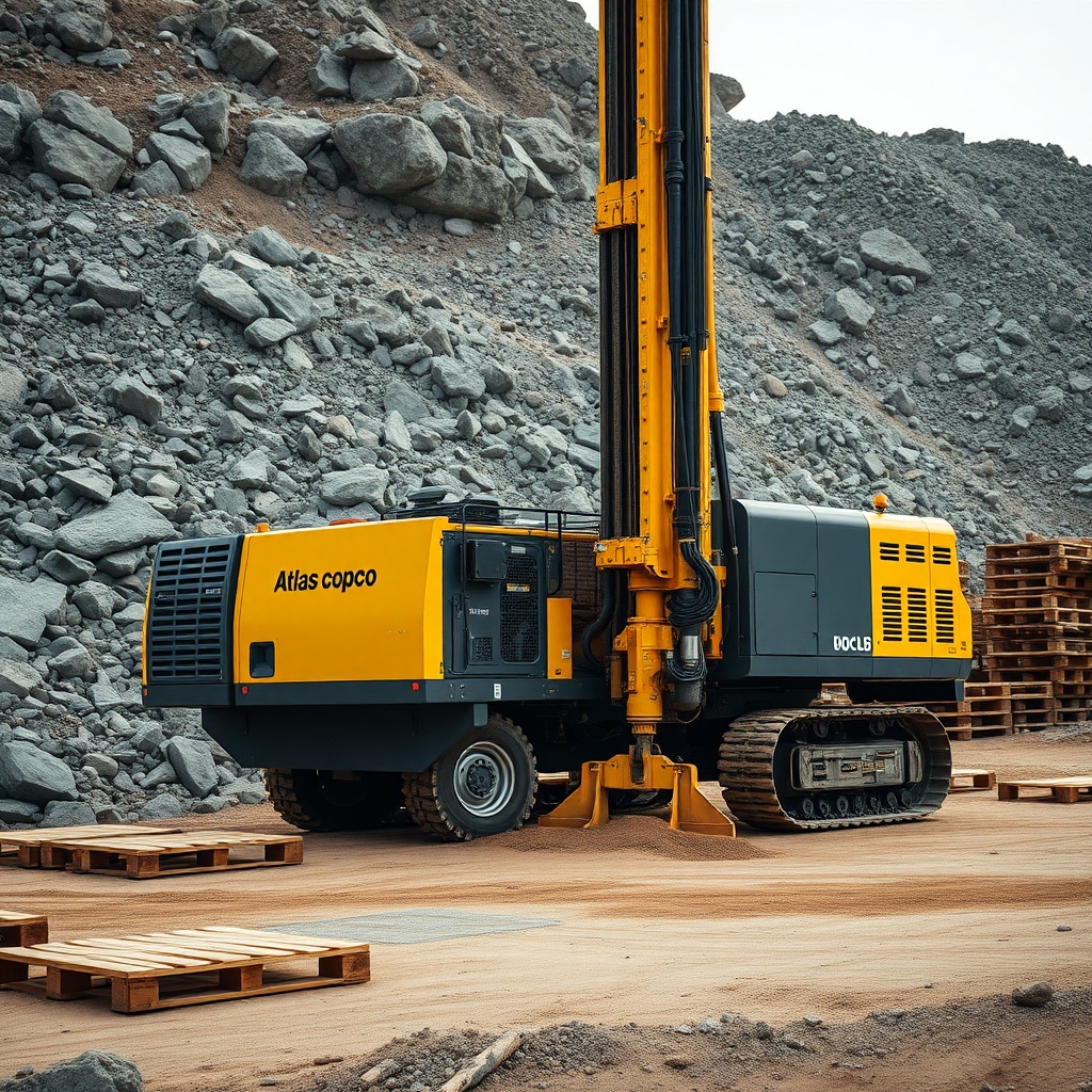 A photorealistic photo of an Atlas Copco ROC L8 drilling on a rocky quarry site with clean