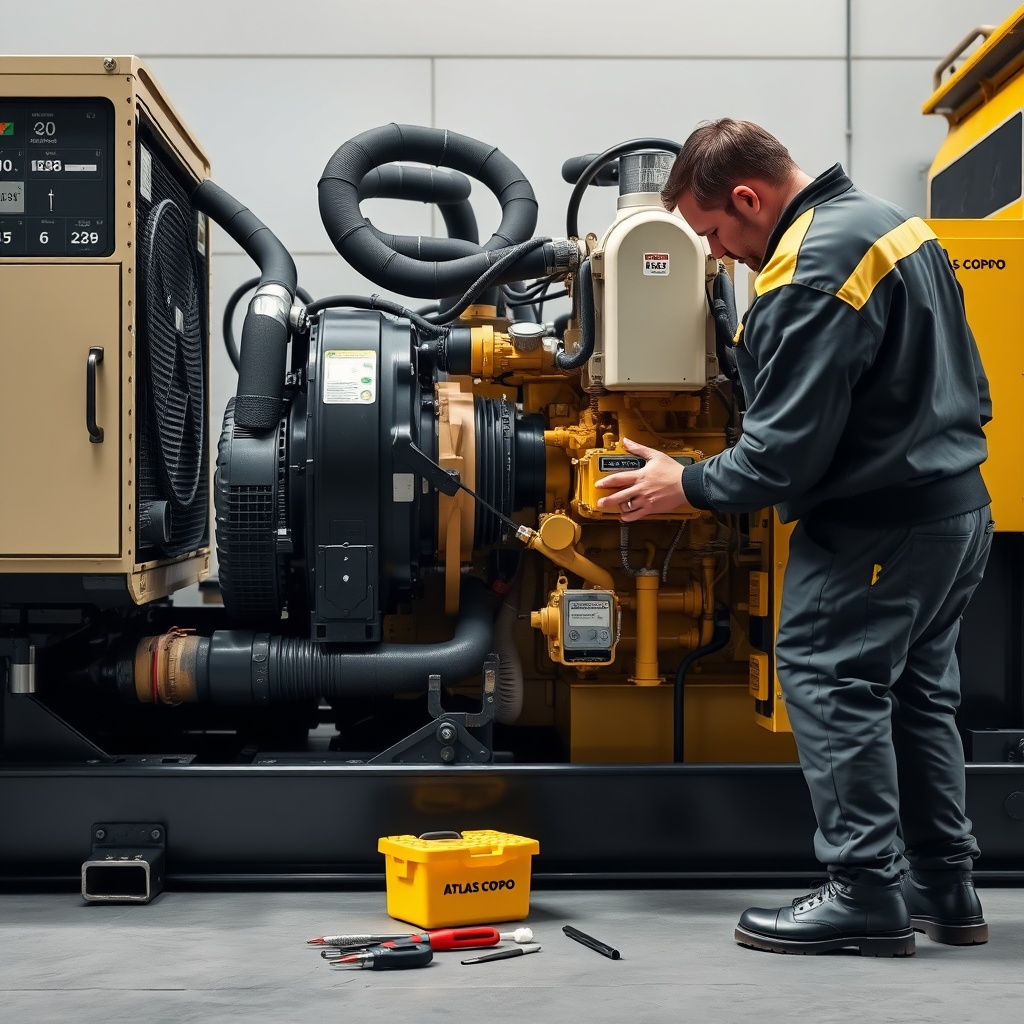 A clean photorealistic photo of a mechanic inspecting the engine of an Atlas Copco ROC L8