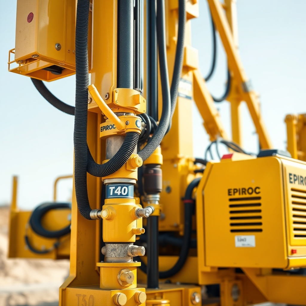 A clean photorealistic photo of an Epiroc SmartROC T40 drilling rig with its drill string
