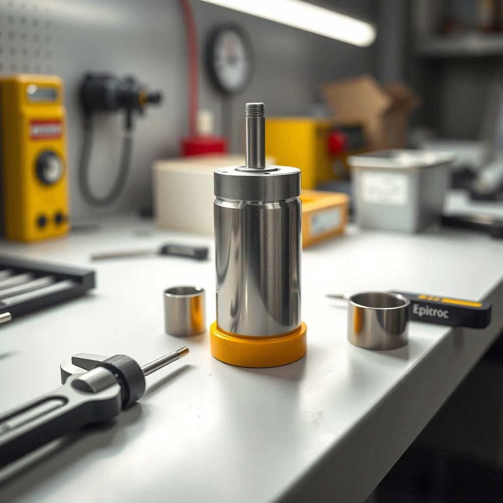 A clean photorealistic photo of an Epiroc SmartROC T40 hydraulic hammer piston and its bus
