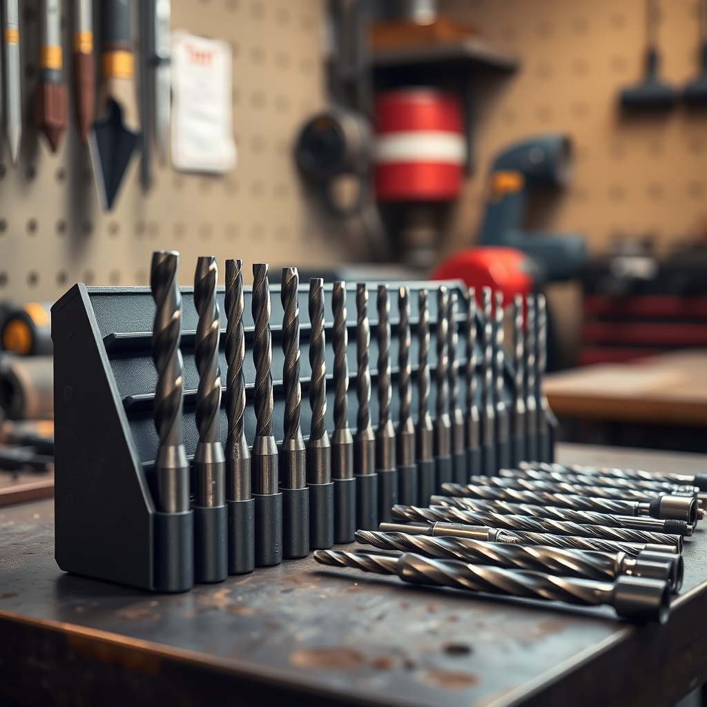 A clean photorealistic photo of a professional drill bit set arranged on a workshop bench