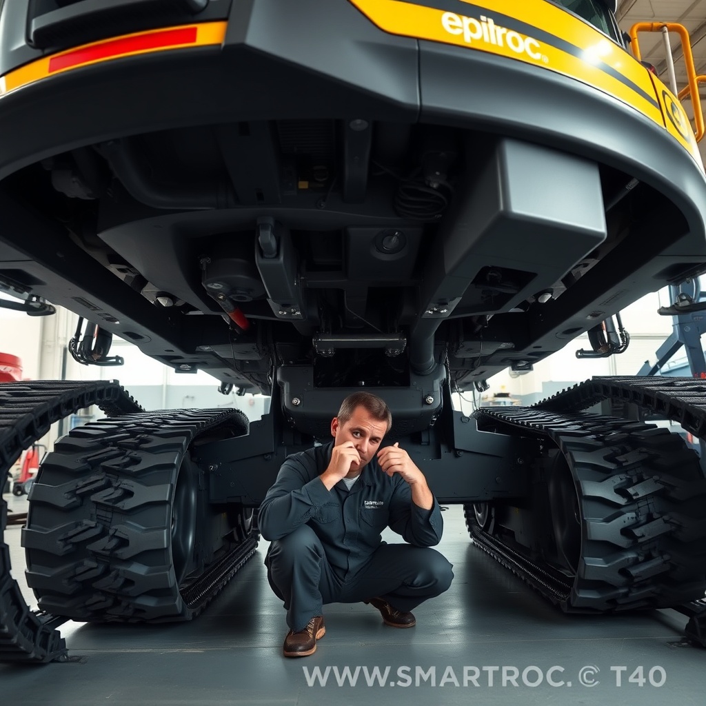 A photorealistic image showing the underbody of an Epiroc SmartROC T40