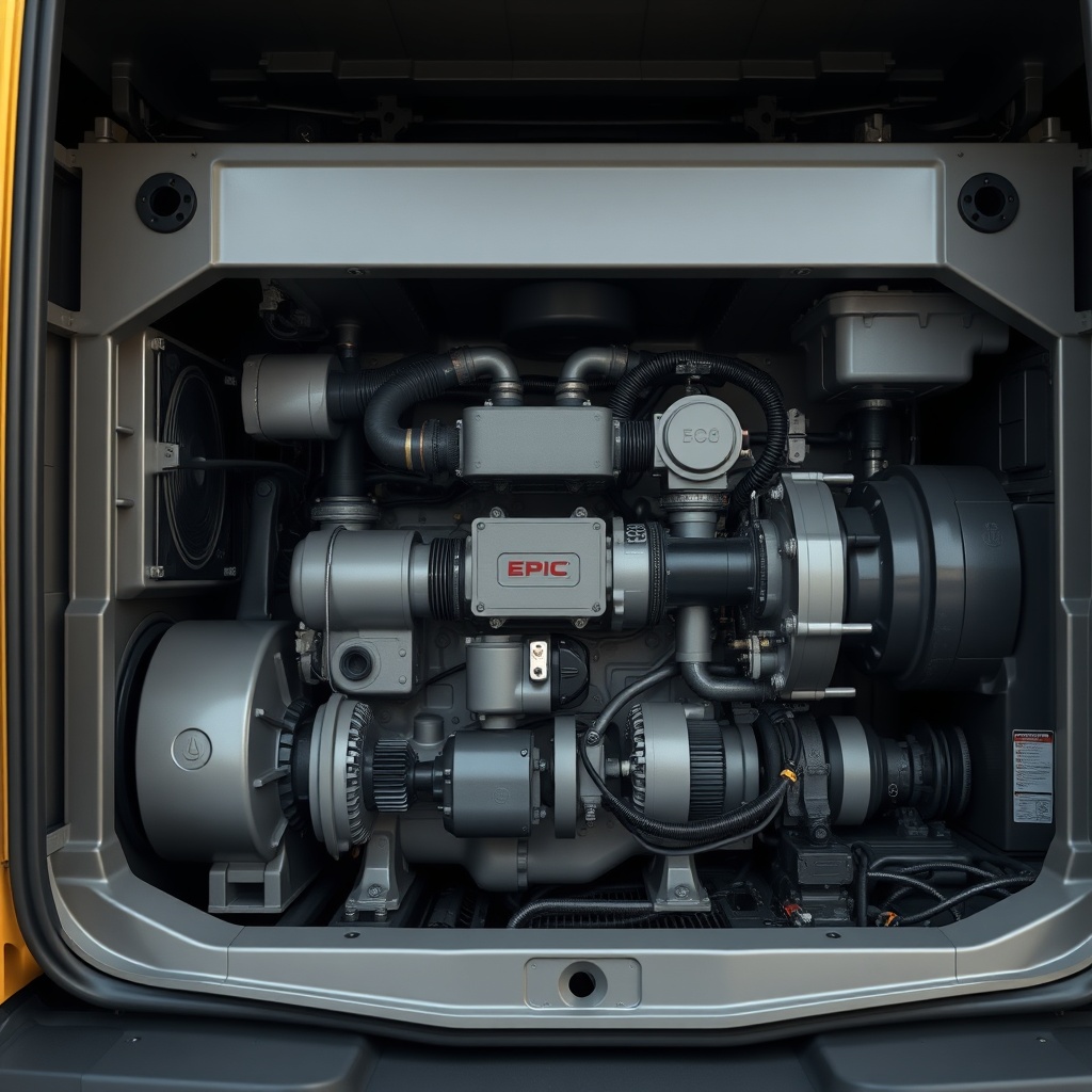 photorealistic photo of Epiroc SmartROC T40 engine bay showing the clean Stage V diesel mo