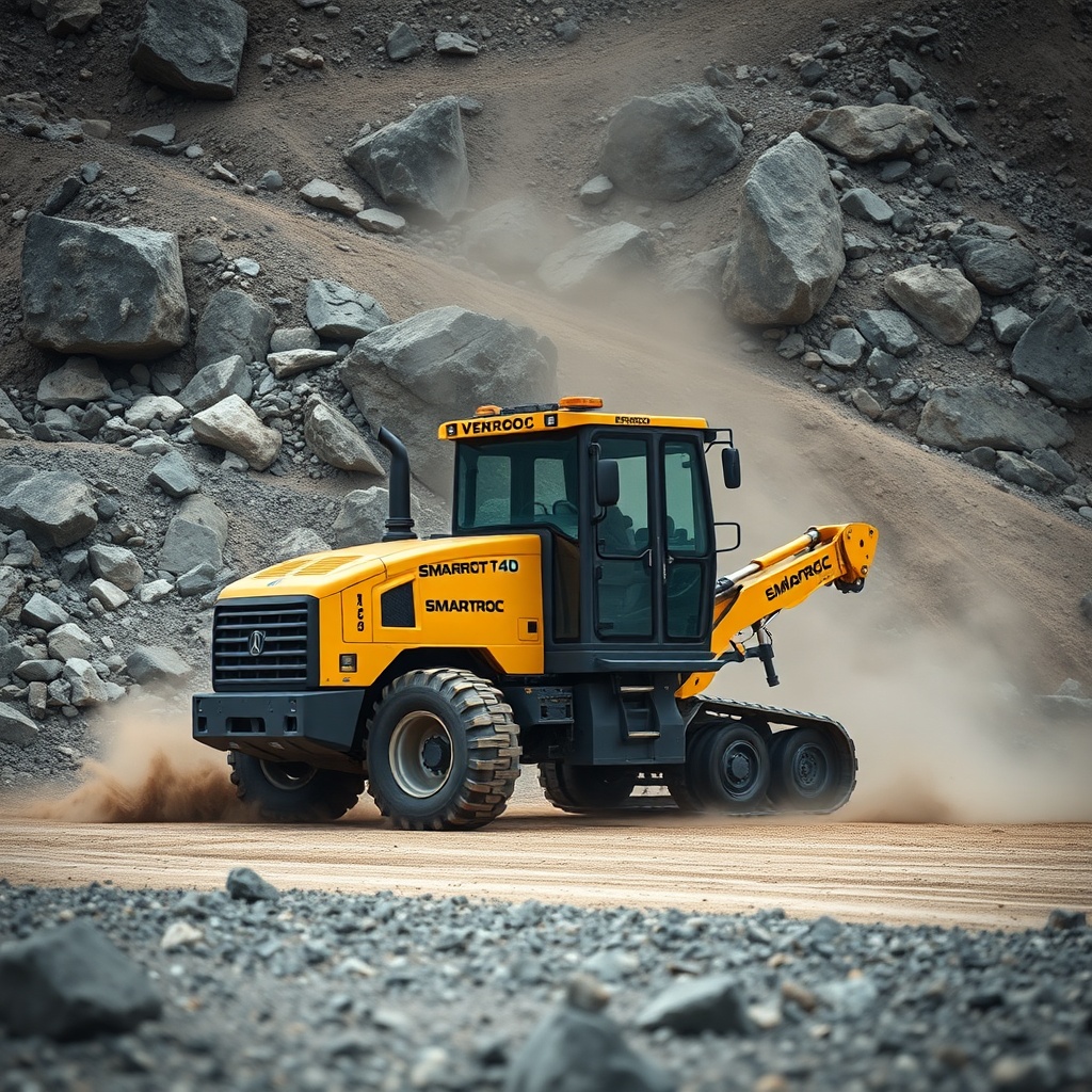 photorealistic photo of Epiroc SmartROC T40 working on a rocky quarry site with dust and m