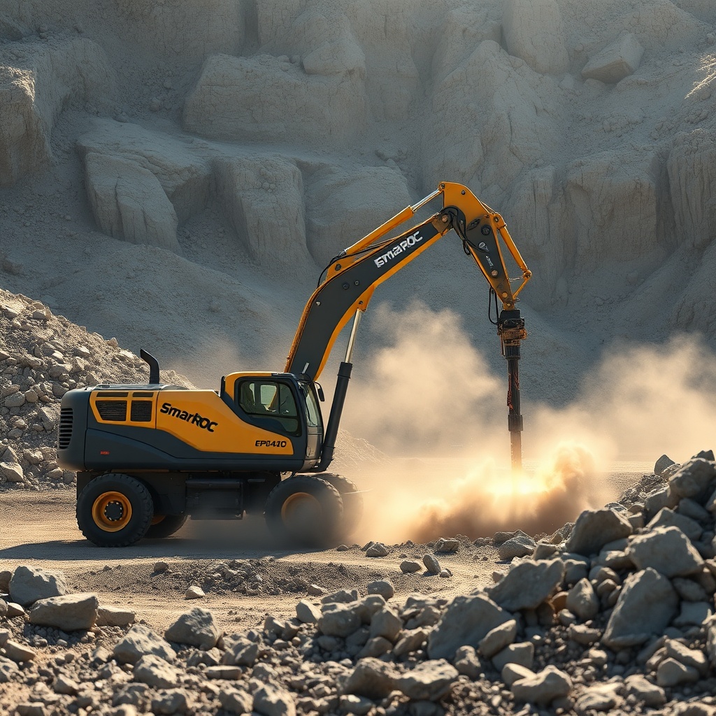 Epiroc SmartROC T40 in a rocky quarry with dust and sunlight
