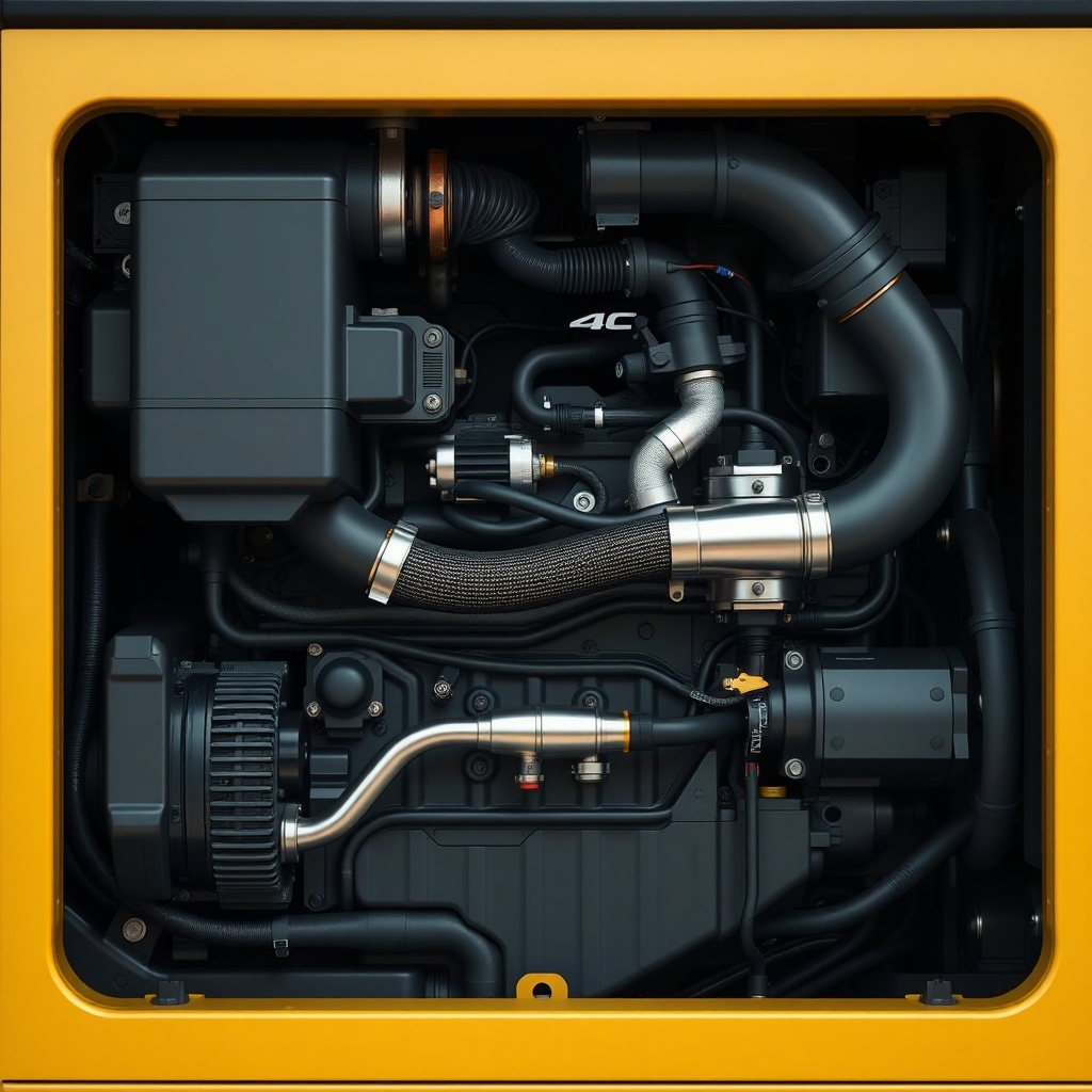 Close-up of Epiroc SmartROC T40 engine compartment with hydraulic hoses and metal parts