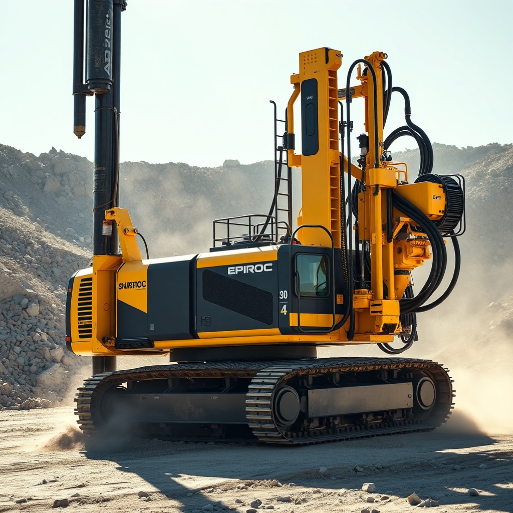 <clean photorealistic photo of Epiroc SmartROC T40 drilling in a quarry with dust and rock