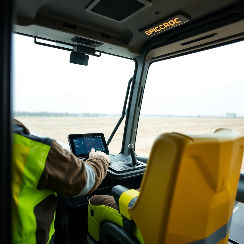 <clean photorealistic photo of operator inside Epiroc SmartROC T40 cabin using touchscreen