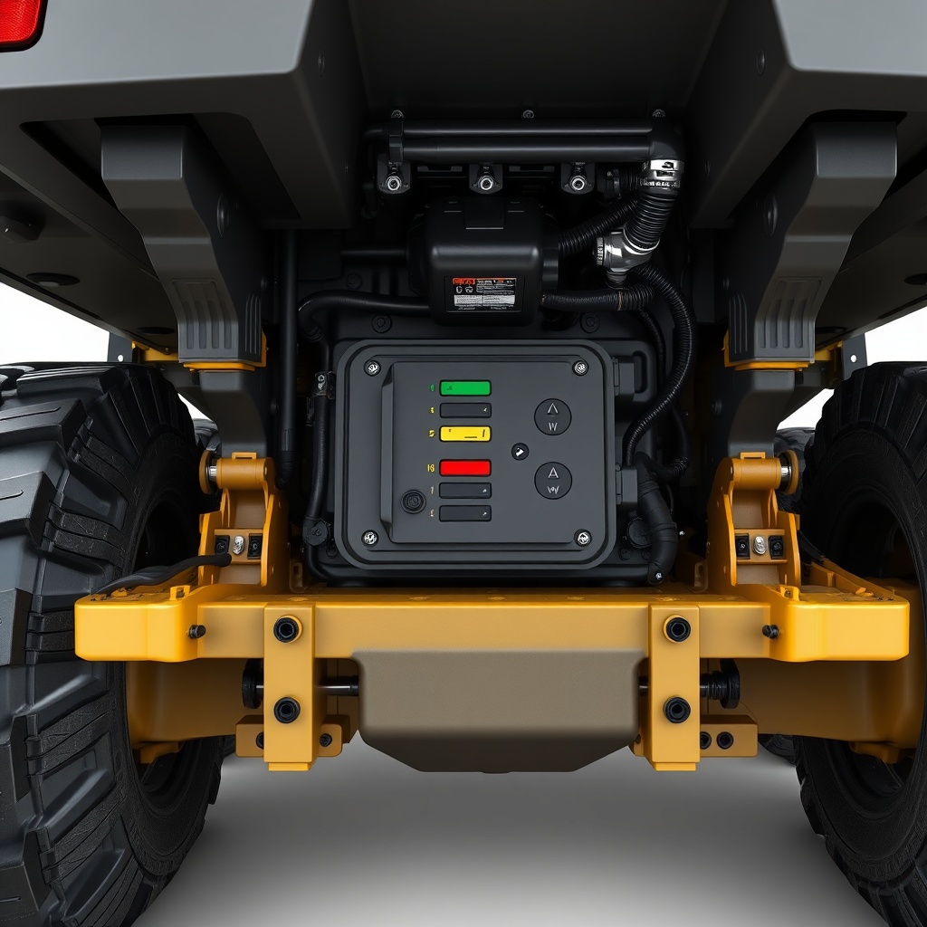<clean photorealistic photo of Epiroc SmartROC T40 undercarriage and oil check panel