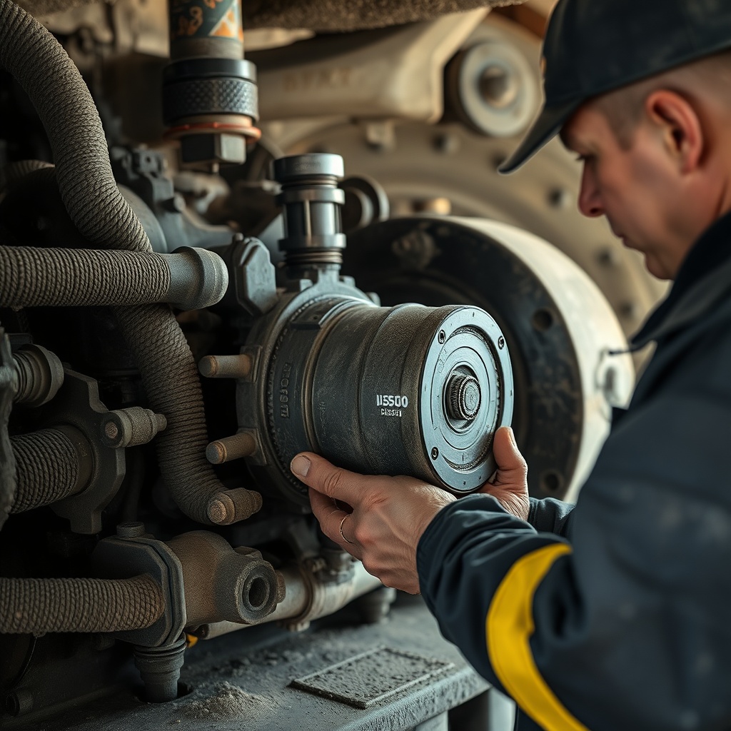 Sandvik DI550's hydraulic pump and filter assembly being inspected by a technician in a du