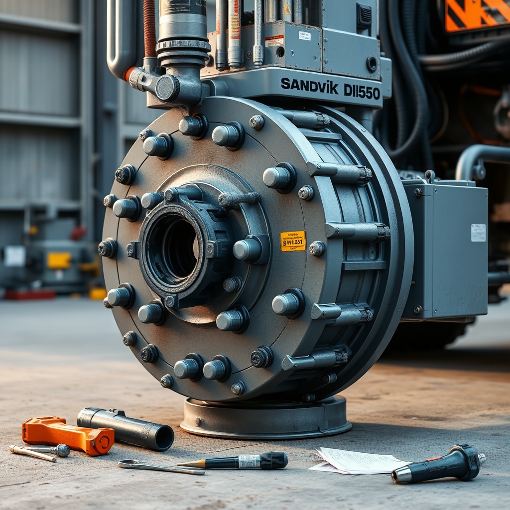 Sandvik DI550 drill head and mast assembly being inspected for wear