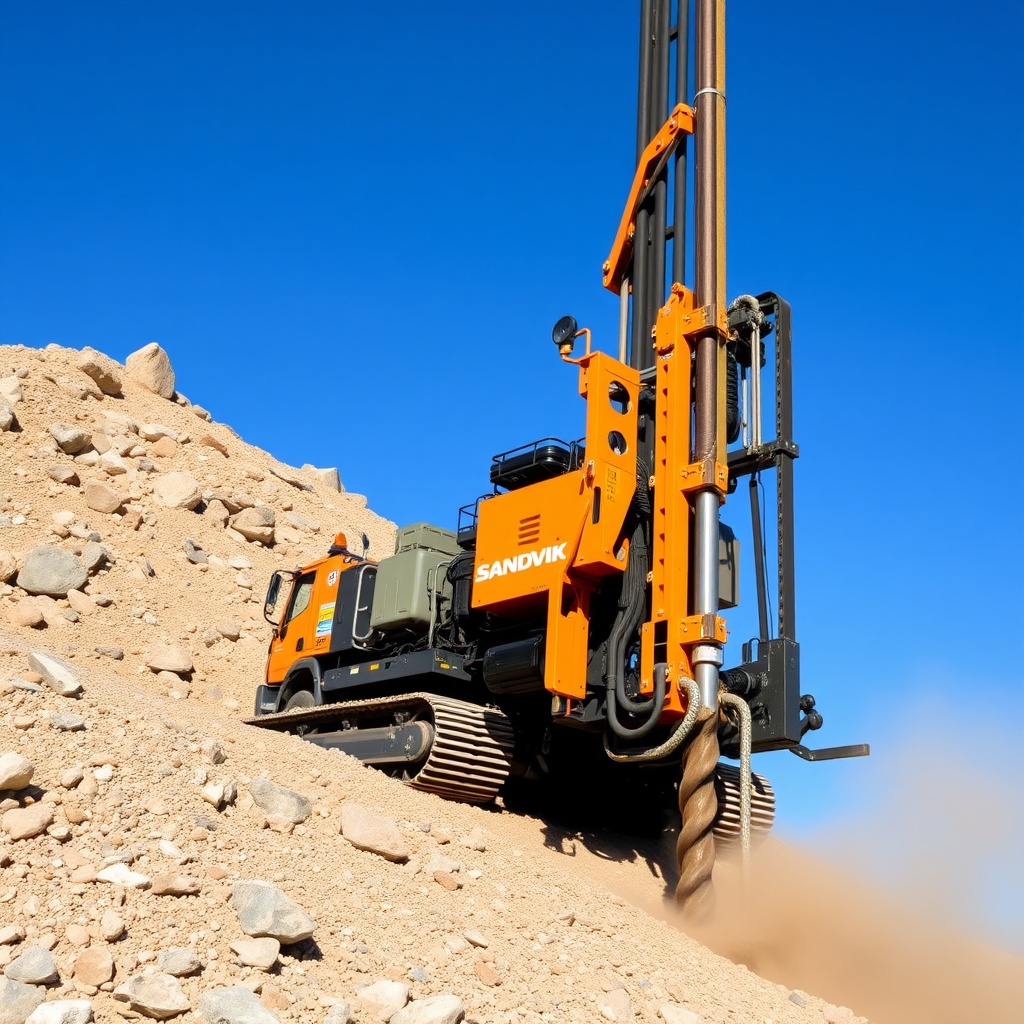 A realistic photorealistic photo of a Sandvik DI550 drilling rig on a rocky hillside