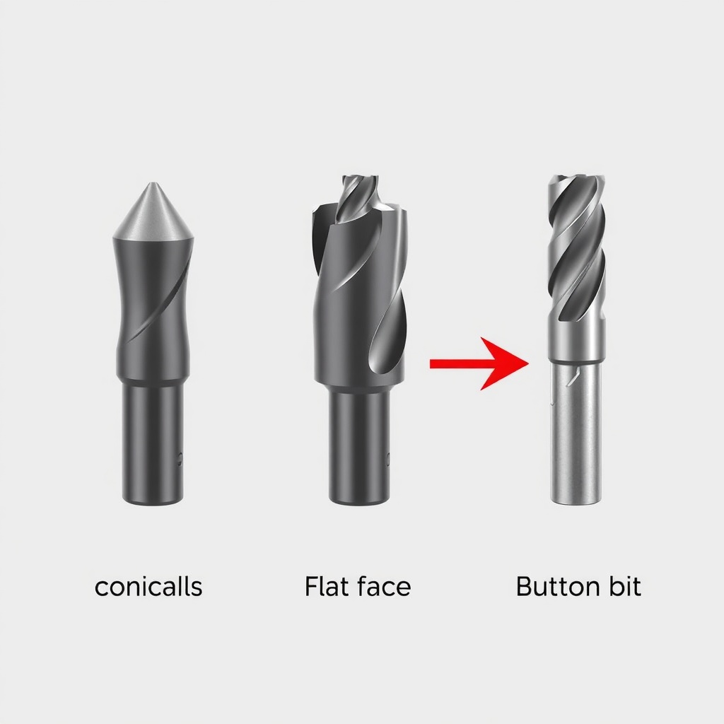 A clean simple illustration showing three drill bit profiles side by side: conical (concav
