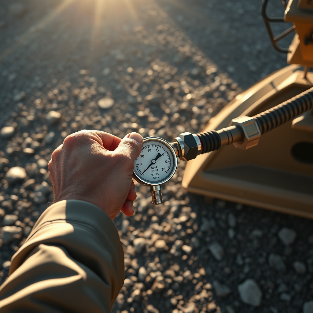 A photorealistic close-up of a Sandvik DI550 hydraulic hose and pressure gauge on a rocky