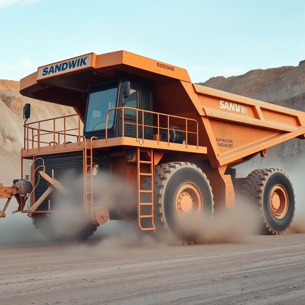 A photorealistic wide-angle shot of a Sandvik DI550 working on a dusty open-pit mine