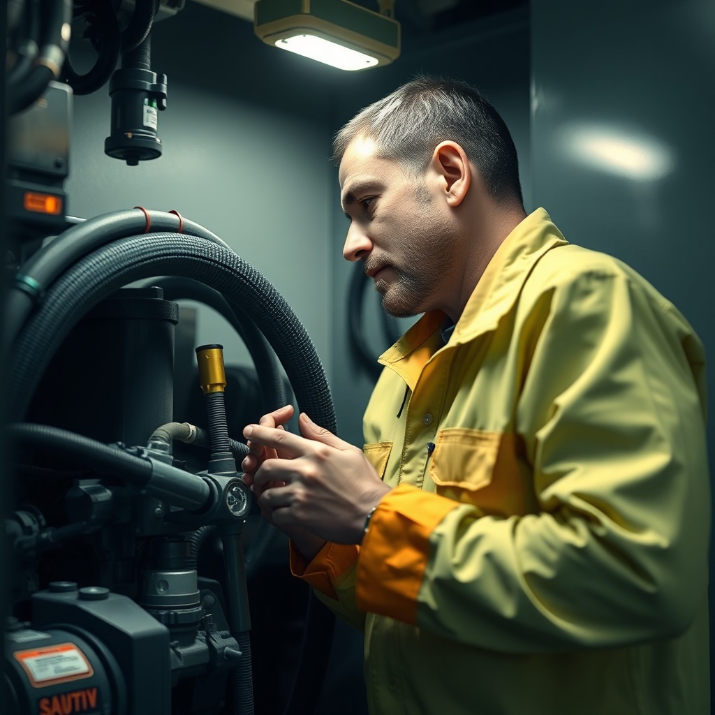 A photorealistic shot of a technician inspecting hydraulic hoses and connectors on a Sandv