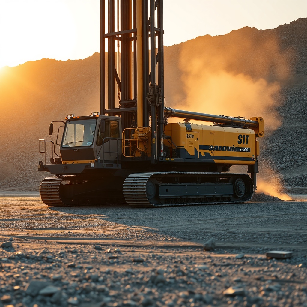 A photorealistic wide-angle shot of a Sandvik DI550 drilling rig operating on a rocky quar