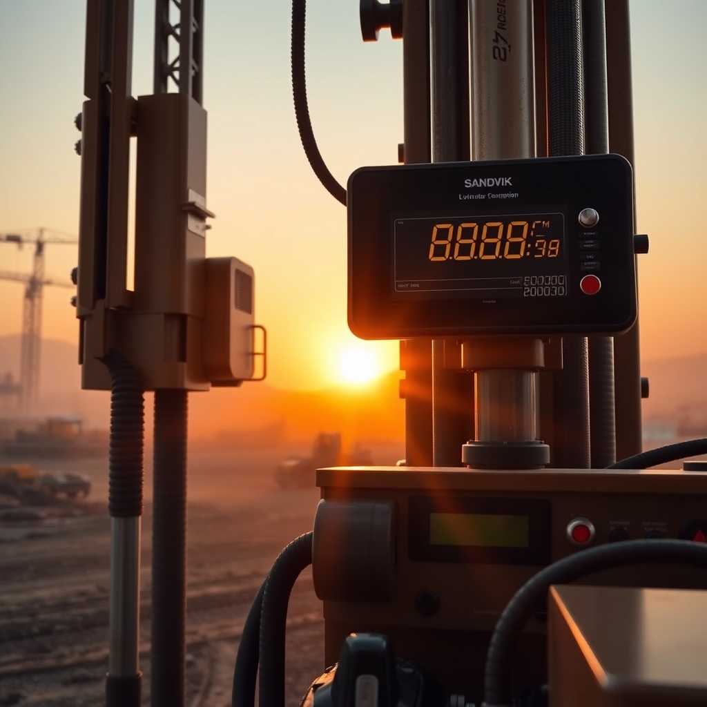 A clean photorealistic photo of a Sandvik DI550 drill rig on a dusty construction site at