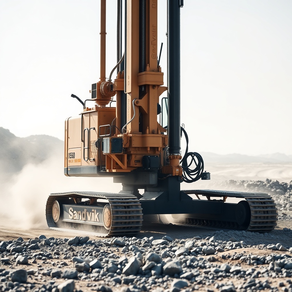 A photorealistic photo of Sandvik DI550 drilling on a rocky surface with dust clouds