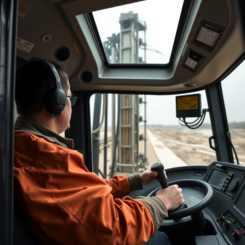 A photorealistic photo of an operator inside the Sandvik DI550 cabin
